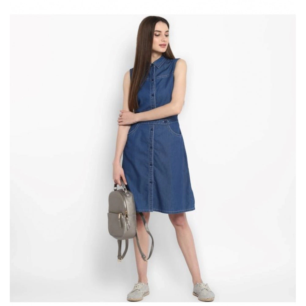 HD Women's Denim Solid Sleeveless Above Knee Dress (Blue)