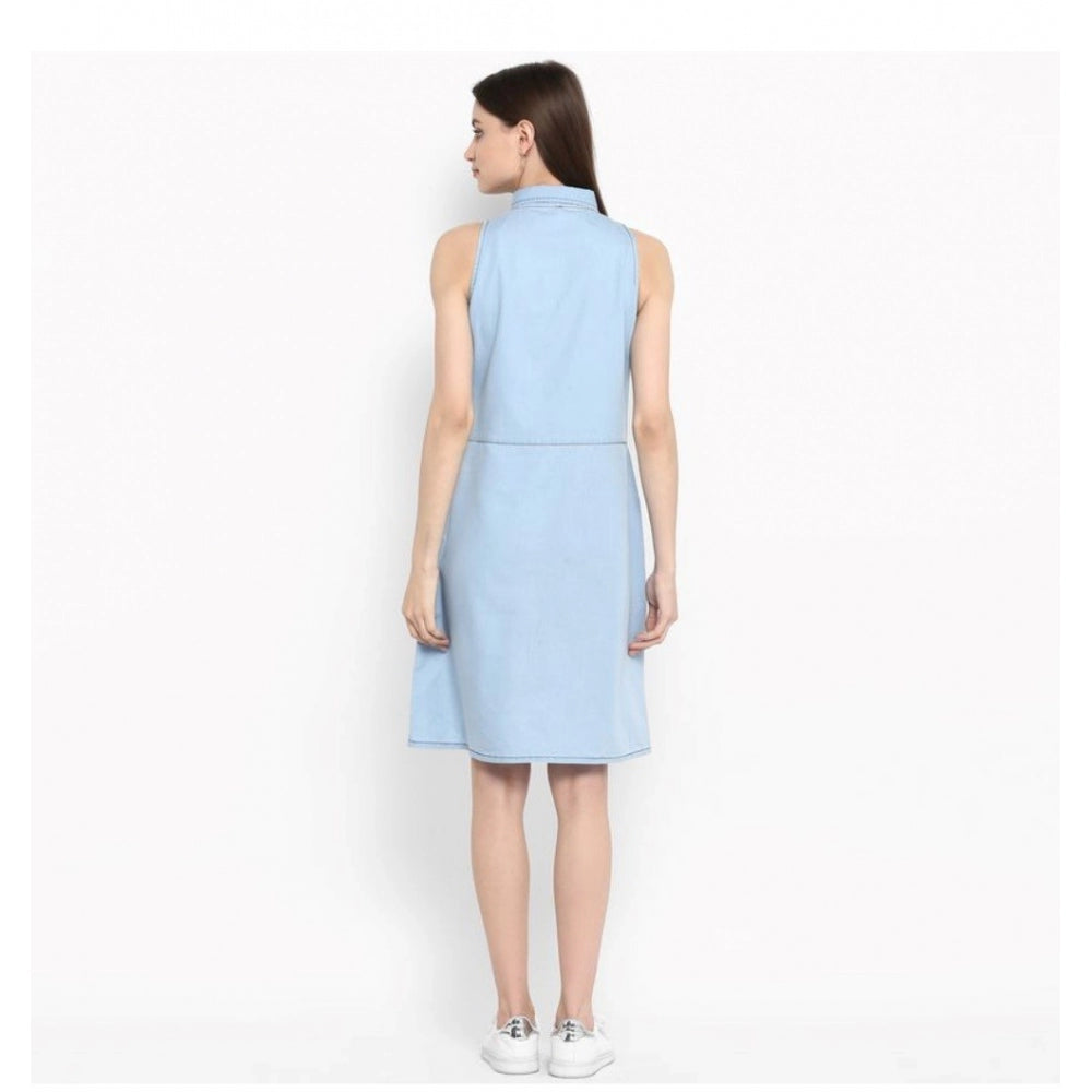 HD Women's Denim Solid Sleeveless Below Knee Dress (Blue)