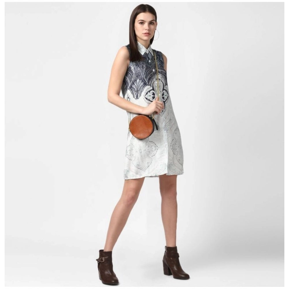 HD Women's Polyester Printed Sleeveless Above Knee Dress (Blue)