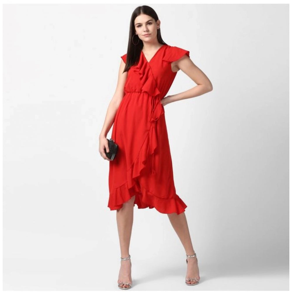 HD Women's Polyester Ruffled Cap Sleeve Knee-Length Dress (Red)