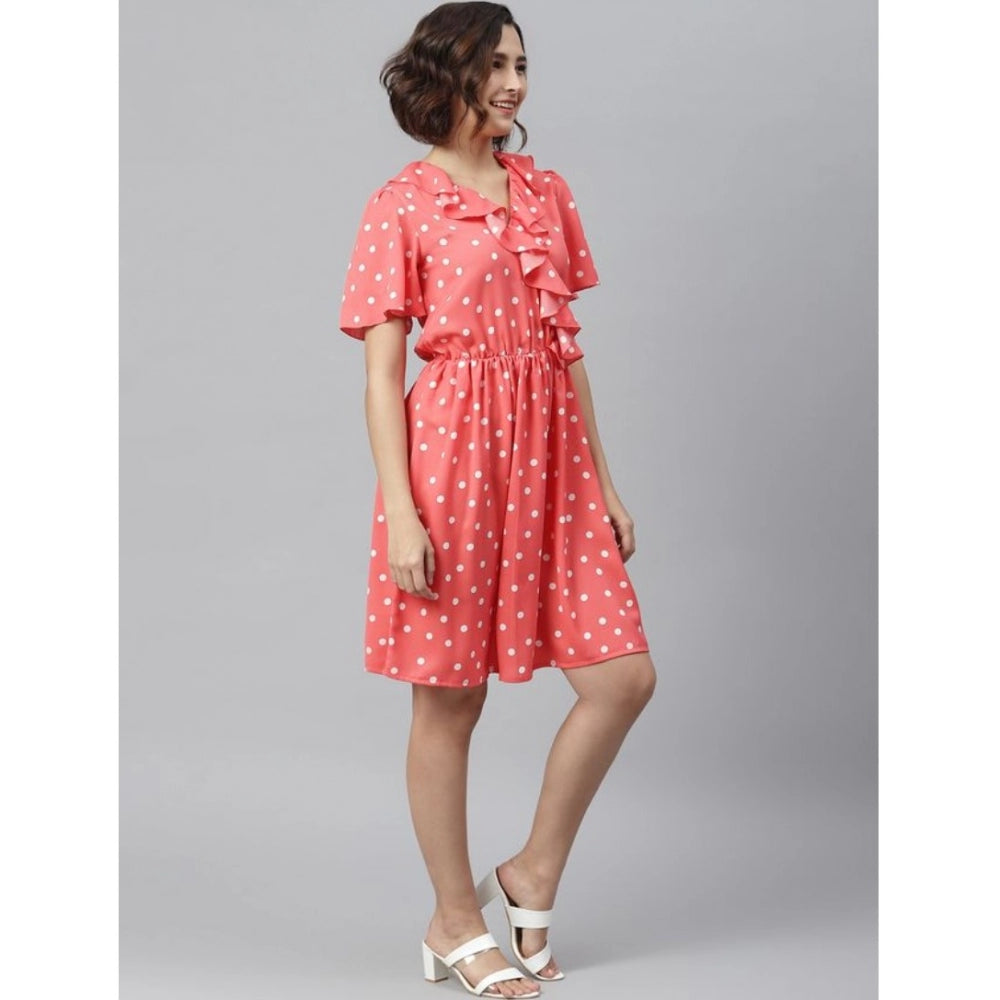 HD Women's Polyester Polka Flutter Above Knee Dress (Coral)