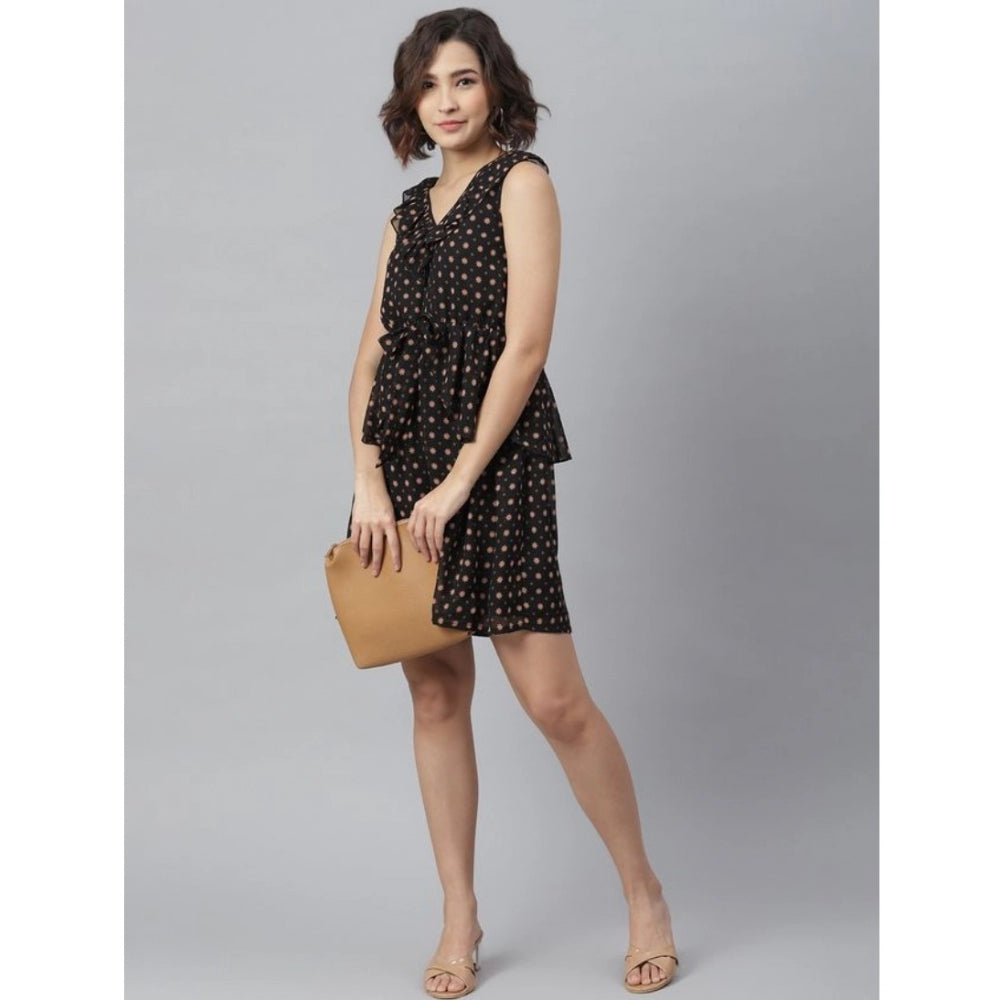 HD Women's Polyester Peplum Sleeveless Above Knee Dress (Black)