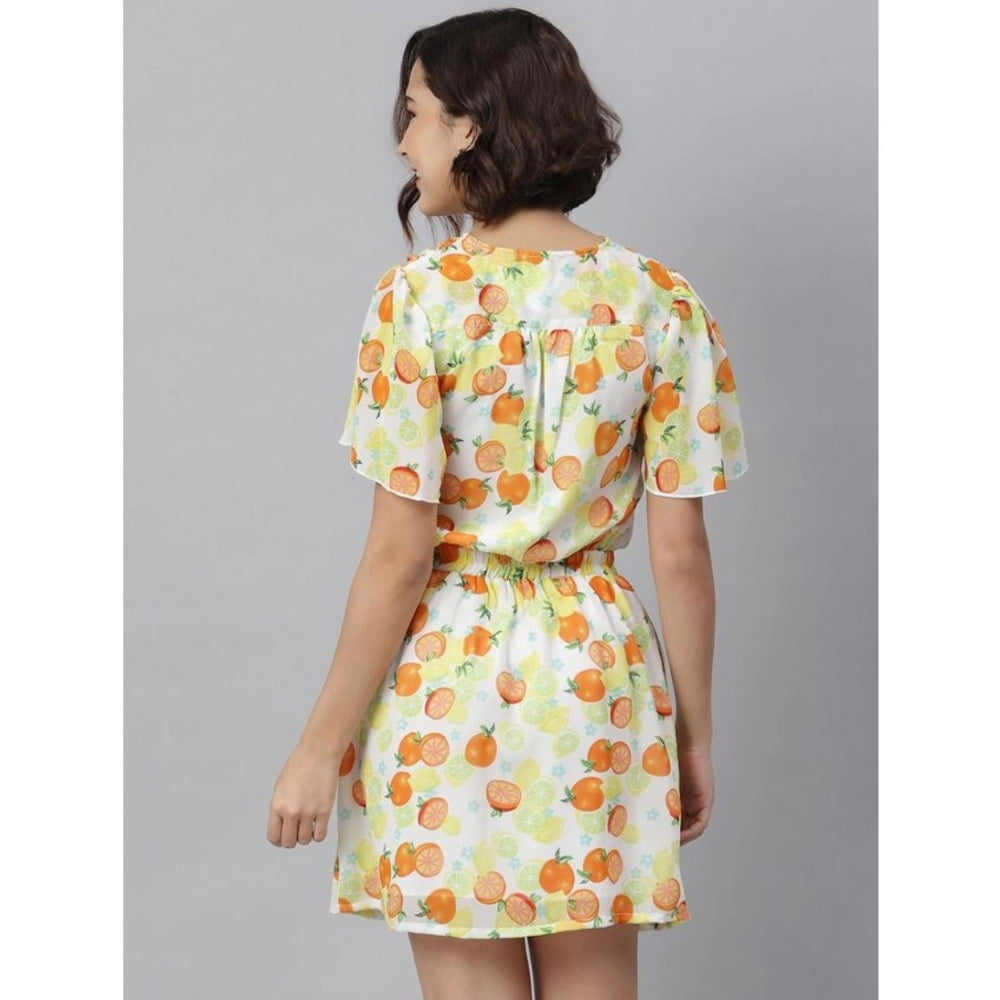 HD Women's Polyester Printed Flutter Above Knee Dress (Orange - Yellow)