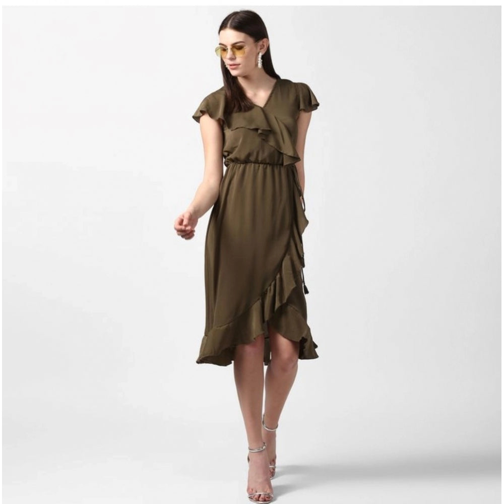 HD Women's Polyester Ruffled Cap Sleeve Knee-Length Dress (Olive)