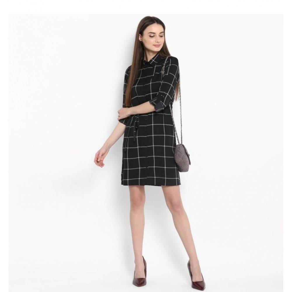 HD Women's Polyester Checkered Roll Up Sleeve Above Knee Dress (Black - White)