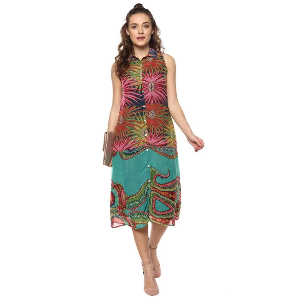 HD Women's Polyester Floral Sleeveless Below Knee Dress (Multicolor)