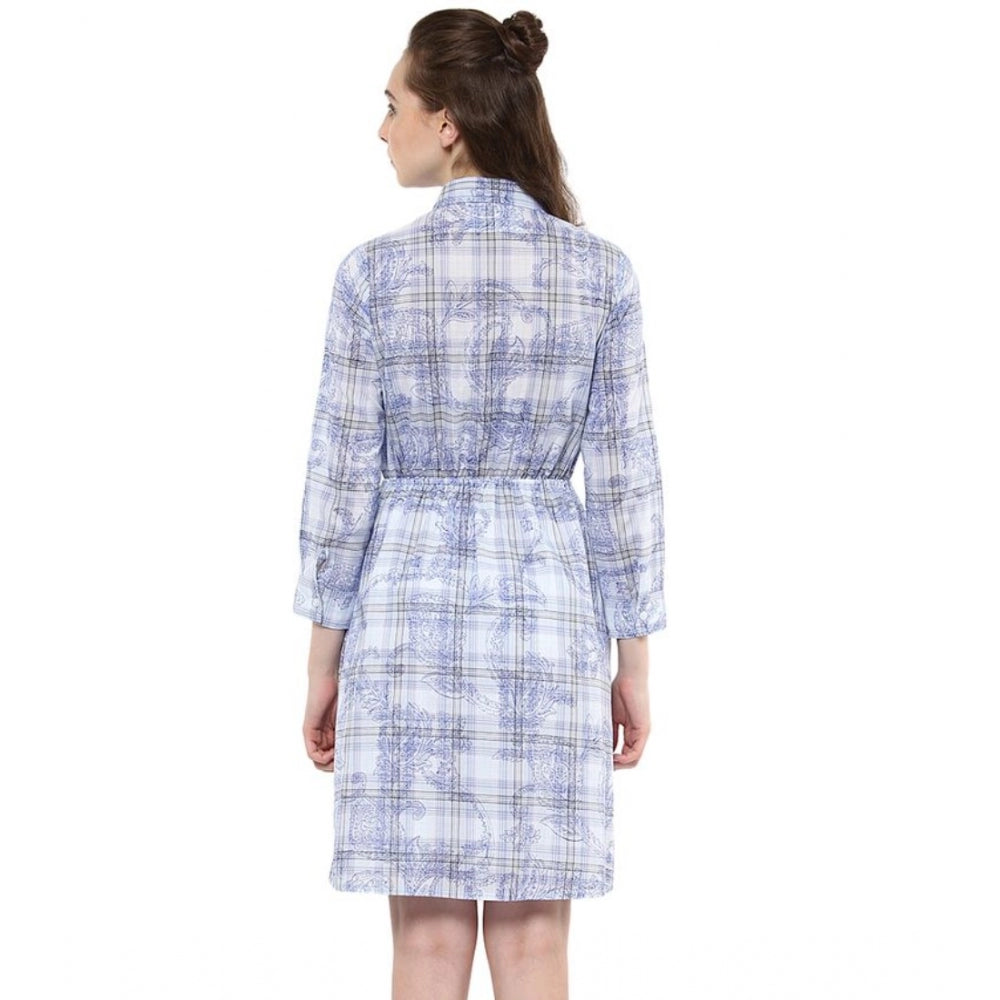 HD Women's Cotton Checkered Roll Up Sleeve Above Knee Dress (Blue)