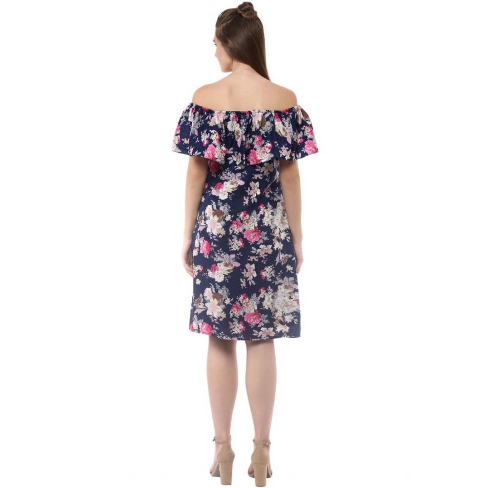 HD Women's Polyester Crepe Floral Half Sleeve Above Knee Dress (Navy Blue)