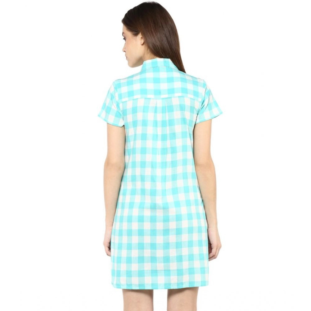 HD Women's Rayon Checkered Short Sleeve Above Knee Dress (SkuBlue - White)