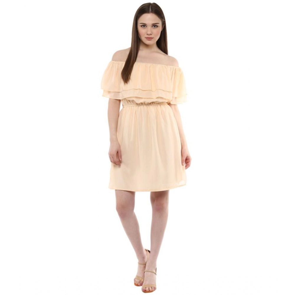 HD Women's Polyester Solid Sleeveless Knee-Length Dress (Beige)