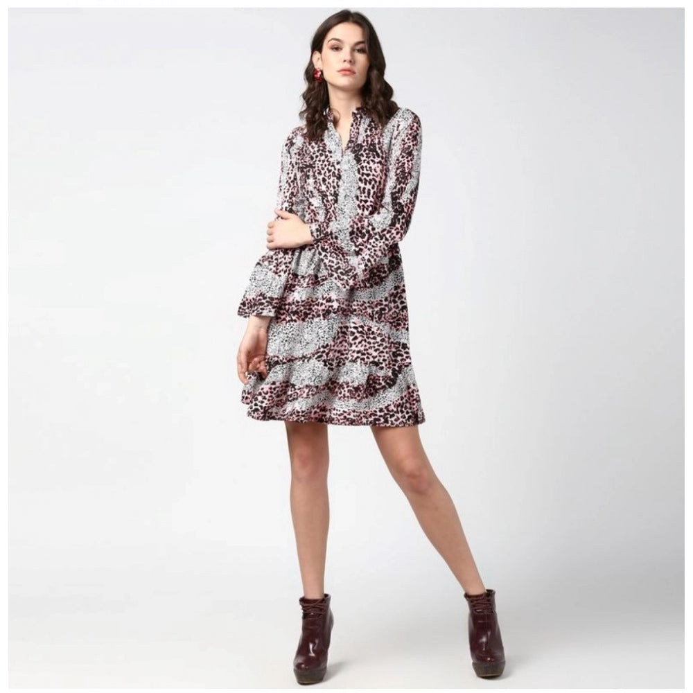 HD Women's Polyester Animal Print Bell Sleeve Above Knee Dress (Pink - Black)