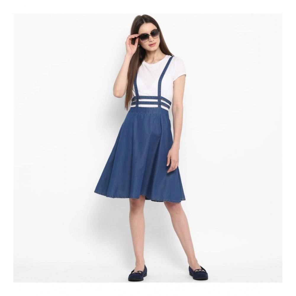 HD Women's Denim Solid Shoulder Straps Below Knee Dress (Blue)