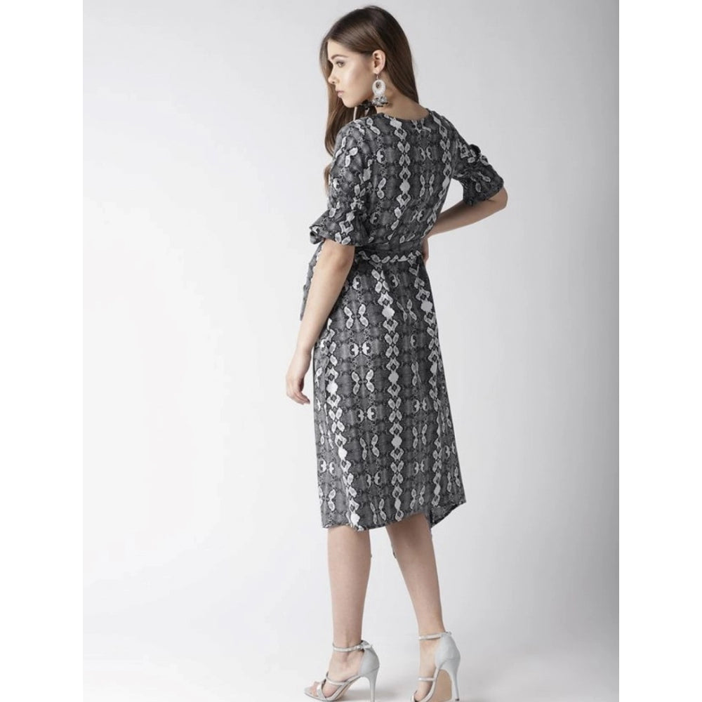 HD Women's Polyester Animal Print Short Sleeve Knee-Length Dress (Black - White)