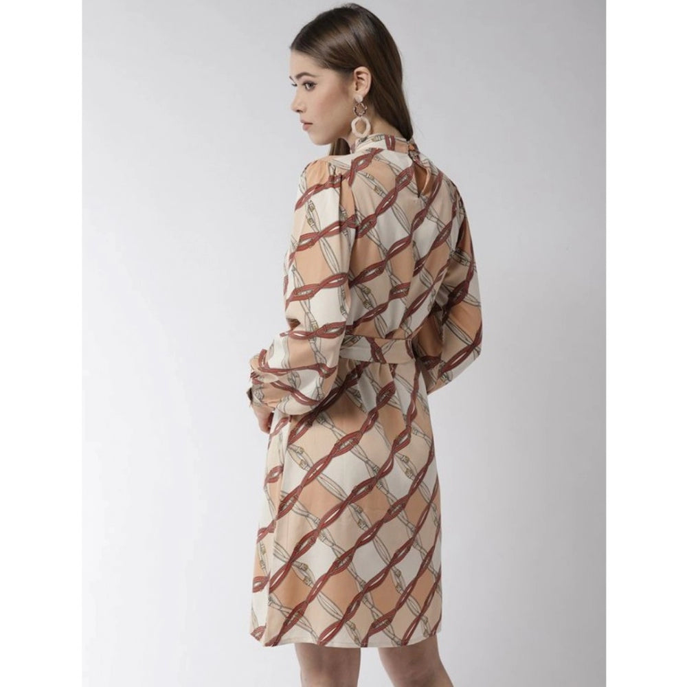 HD Women's Polyester Checkered Long Sleeves Above Knee Dress (Off White - Brown)