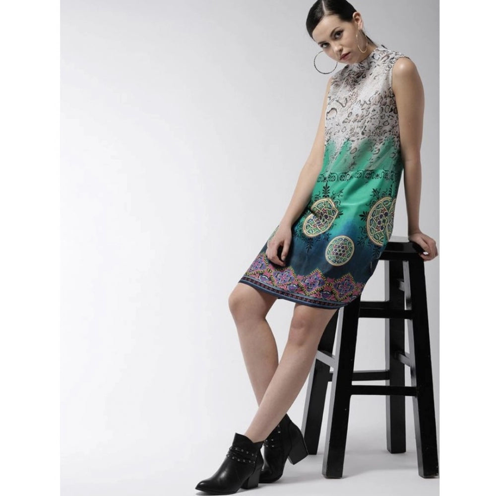 HD Women's Polyester Printed Sleeveless Above Knee Dress (Multicolor)