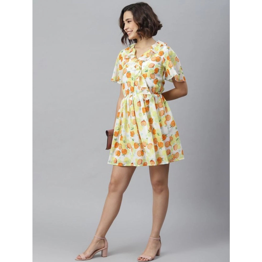 HD Women's Polyester Printed Flutter Above Knee Dress (Yellow - Orange)