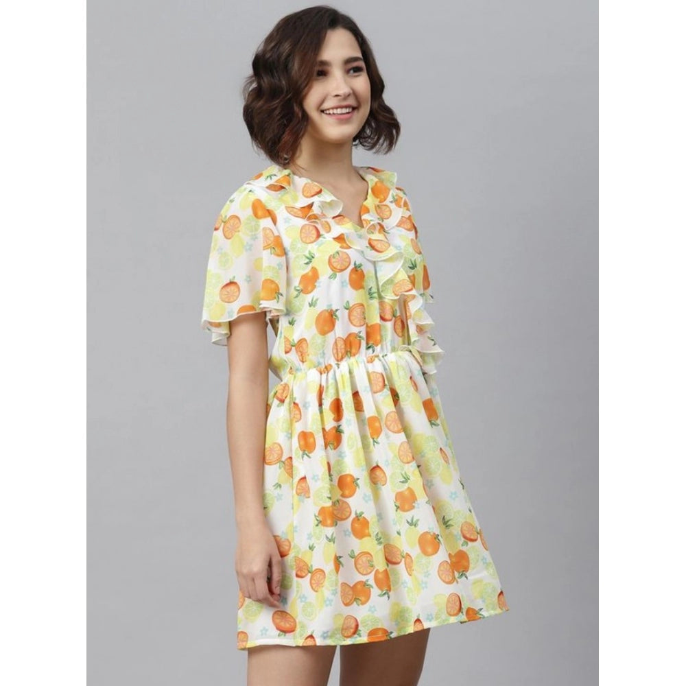 HD Women's Polyester Printed Flutter Above Knee Dress (Yellow - Orange)