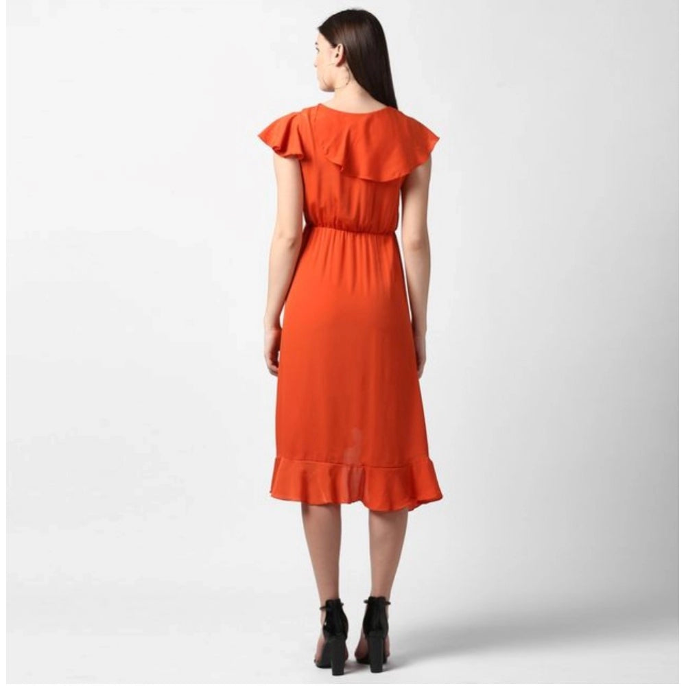 HD Women's Polyester Ruffled Cap Sleeve Knee-Length Dress (Orange)
