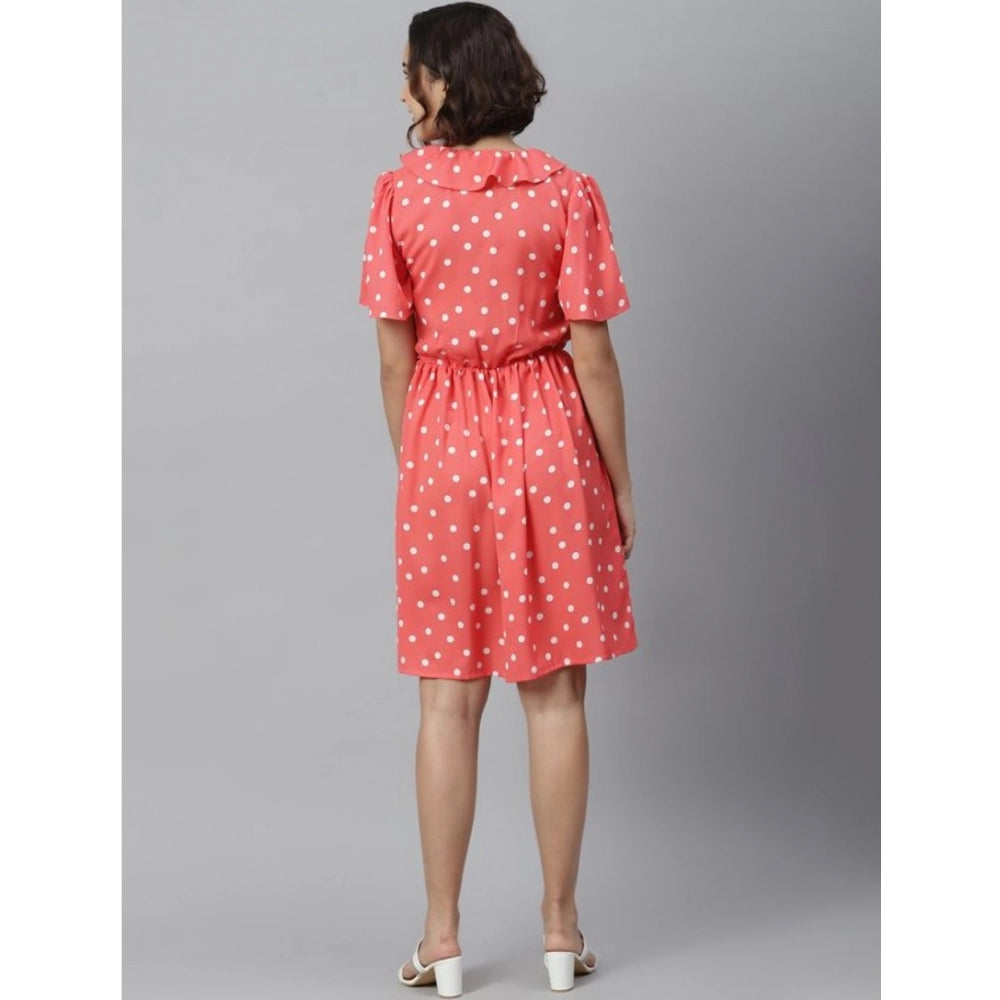 HD Women's Polyester Polka Flutter Above Knee Dress (Coral)