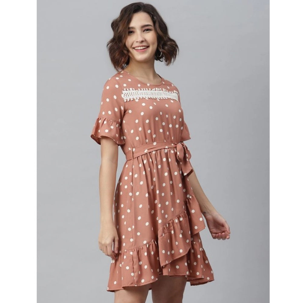HD Women's Polyester Polka Bell Sleeve Above Knee Dress (Brown)
