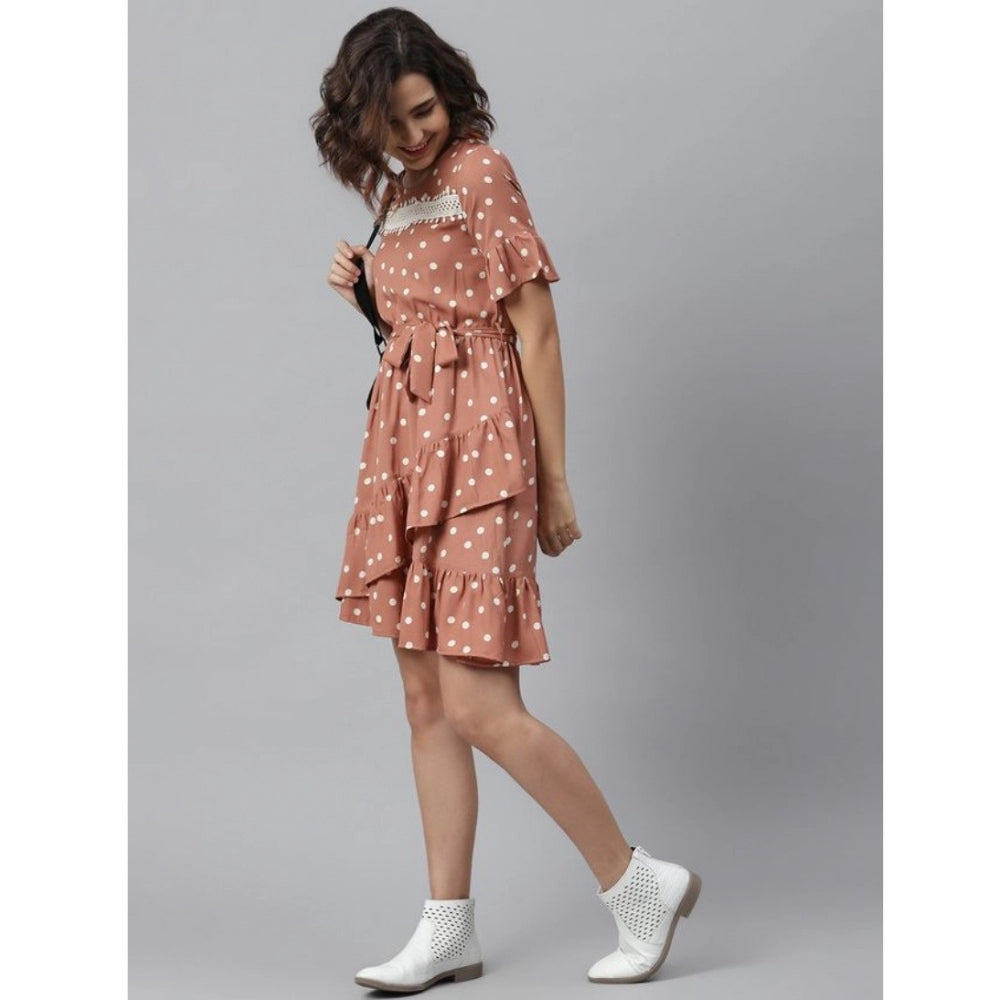 HD Women's Polyester Polka Bell Sleeve Above Knee Dress (Brown)