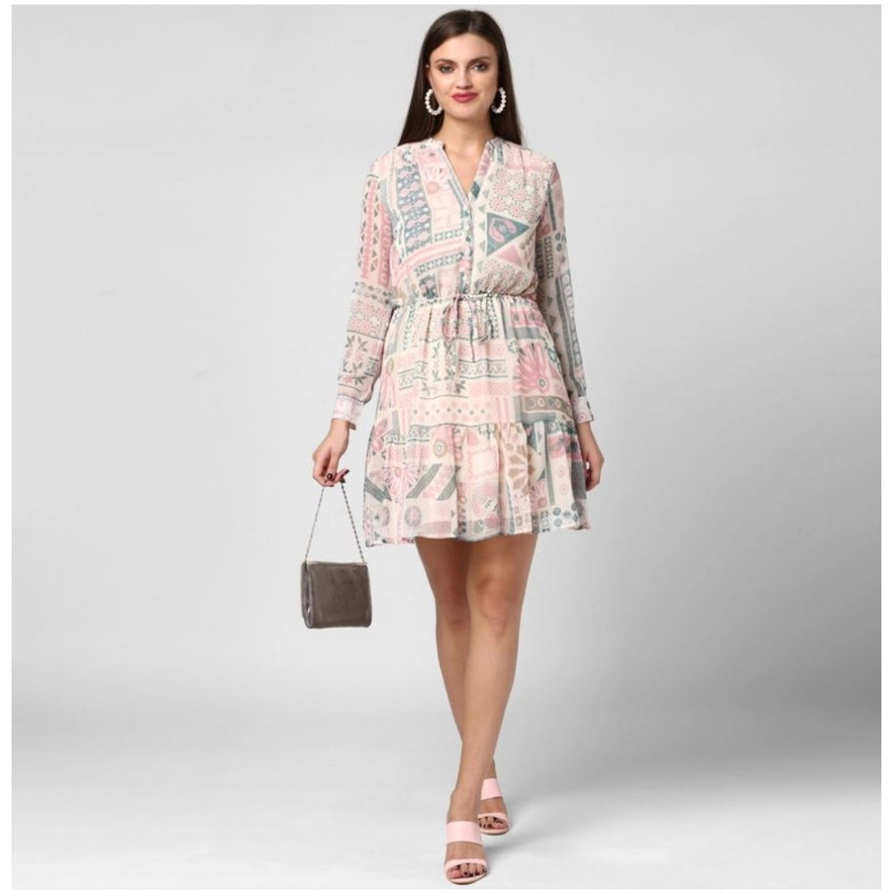HD Women's Polyester Printed Long Sleeves Above Knee Dress (Light Pink - Off White)