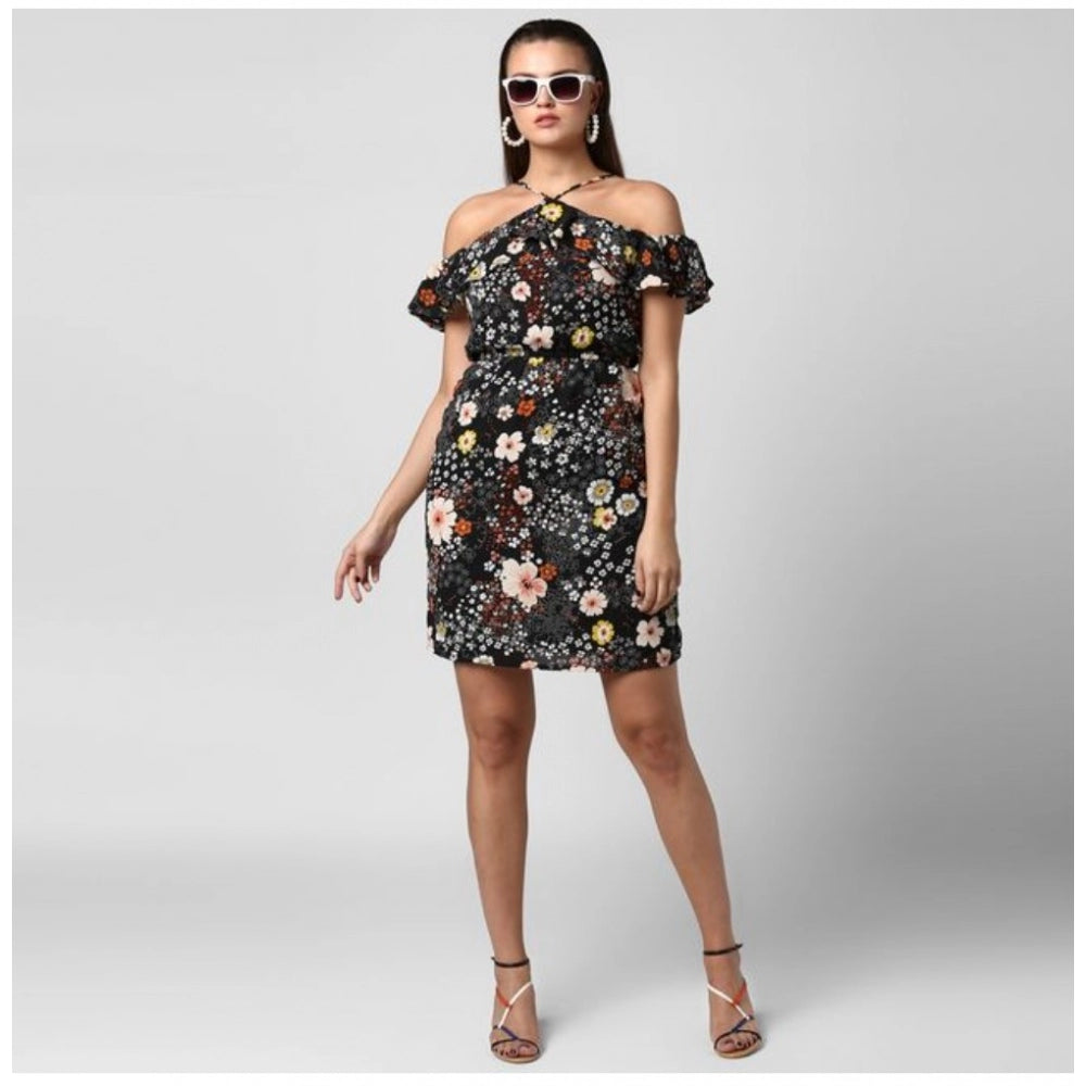 HD Women's Polyester Floral Cold Shoulder Above Knee Dress (Black)