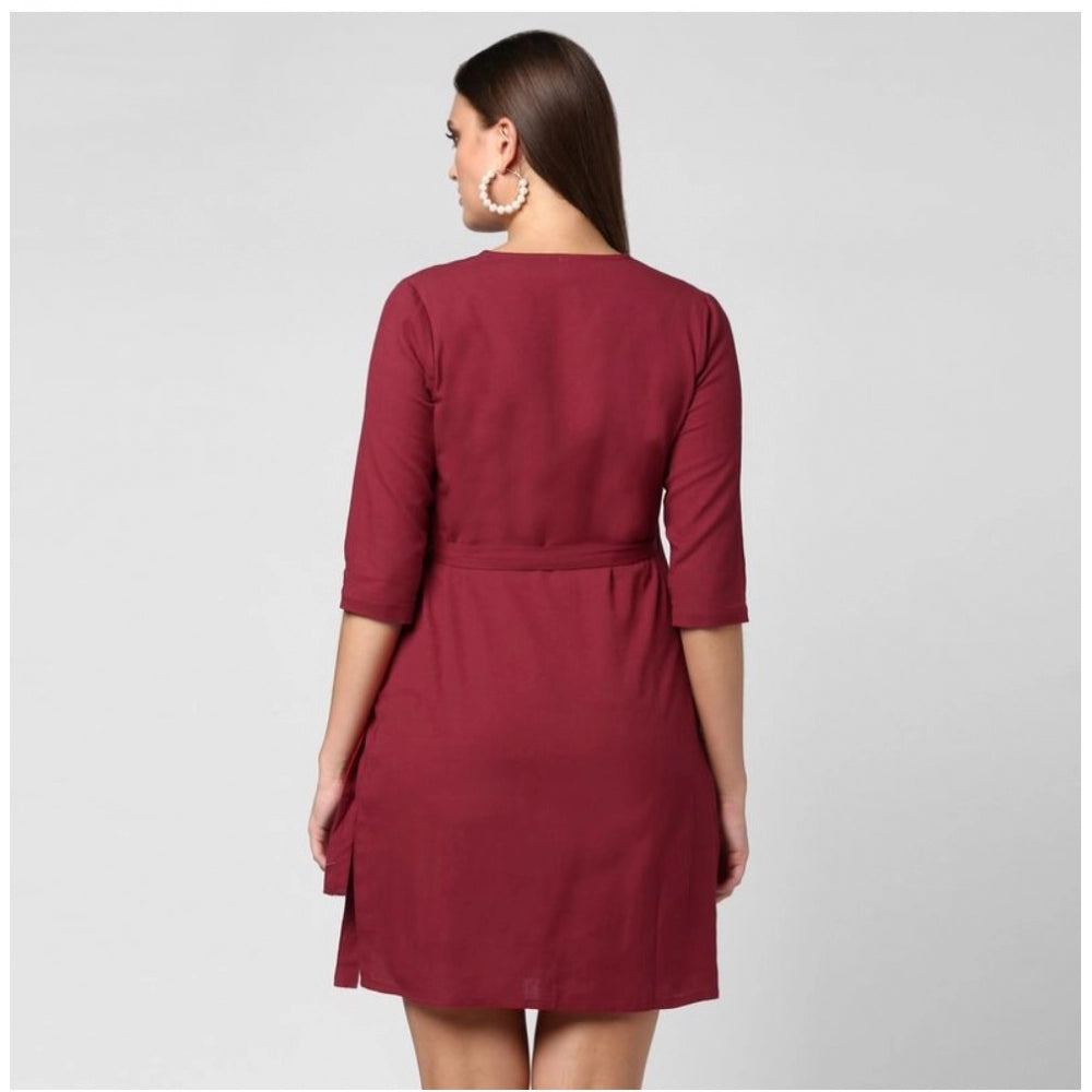 HD Women's Cotton Solid 3-4th Sleeves Above Knee Dress (Maroon)