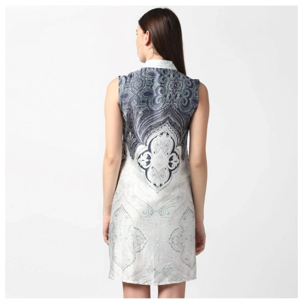 HD Women's Polyester Printed Sleeveless Above Knee Dress (Blue)