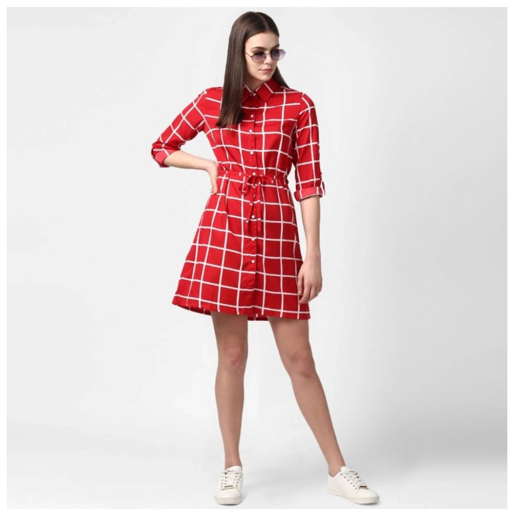 HD Women's Polyester Checkered Long Sleeves Above Knee Dress (Red)