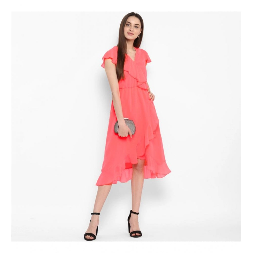 HD Women's Polyester Ruffled Cap Sleeve Below Knee Dress (Coral Pink)