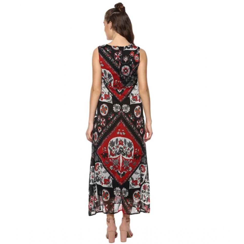 HD Women's Polyester Printed Sleeveless Dress (Red - Black)
