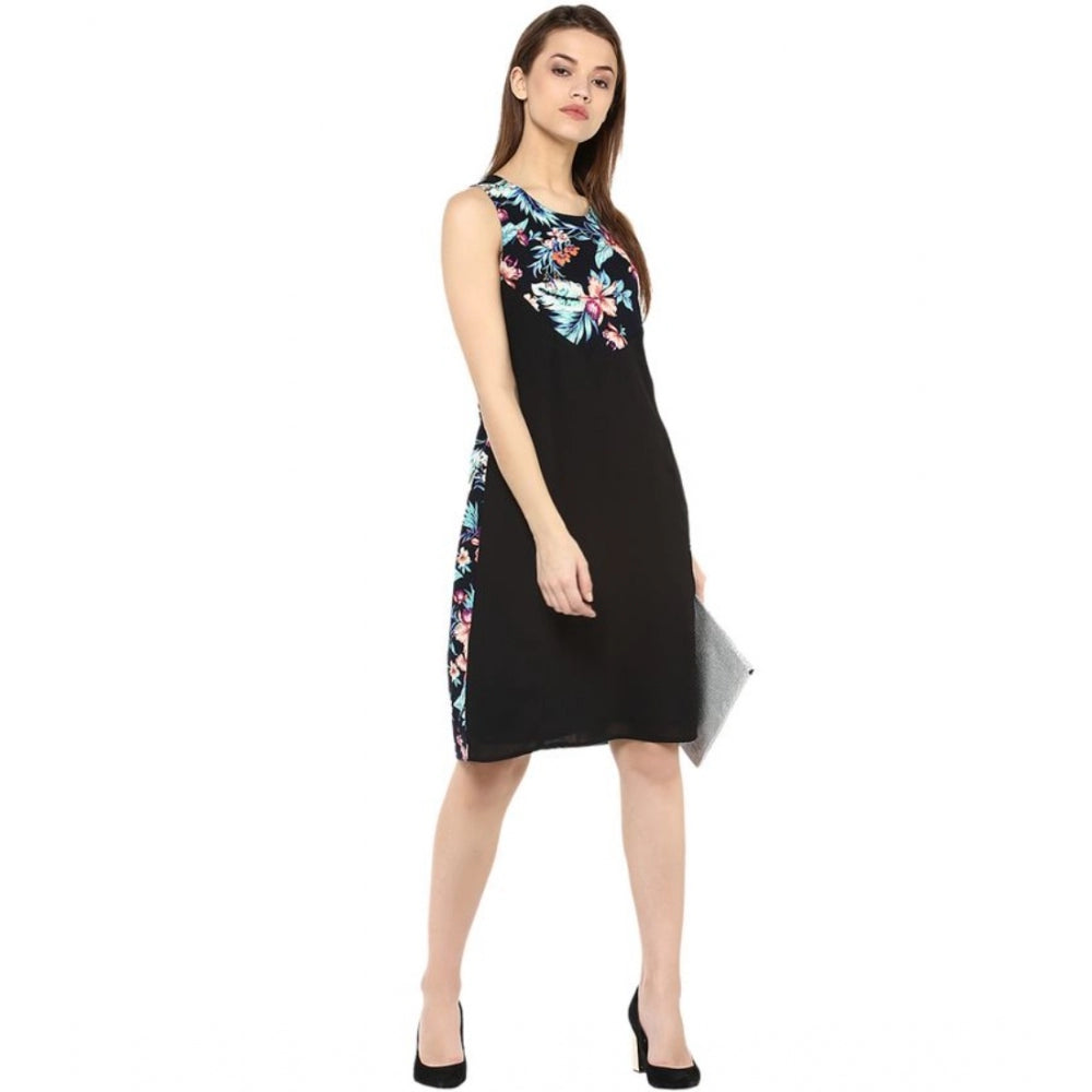 HD Women's Polyester Printed Sleeveless Above Knee Dress (Black - Multicolor)