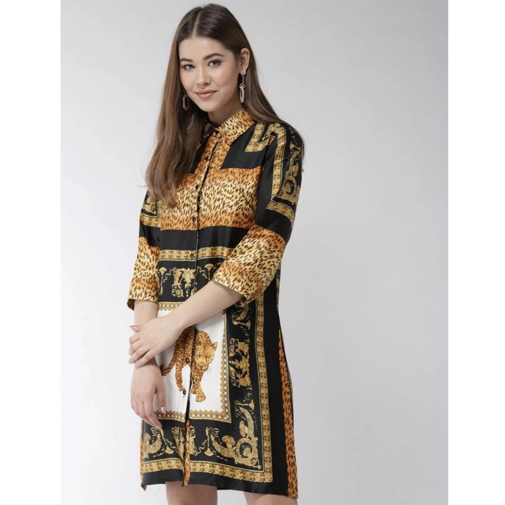 HD Women's Satin Animal Print 3-4th Sleeves Above Knee Dress (White - Orange)