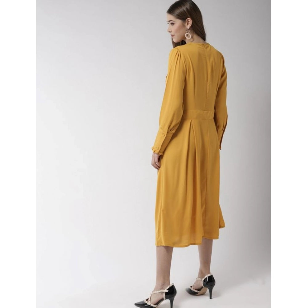 HD Women's Polyester Pintuck Long Sleeves Below Knee Dress (Yellow)