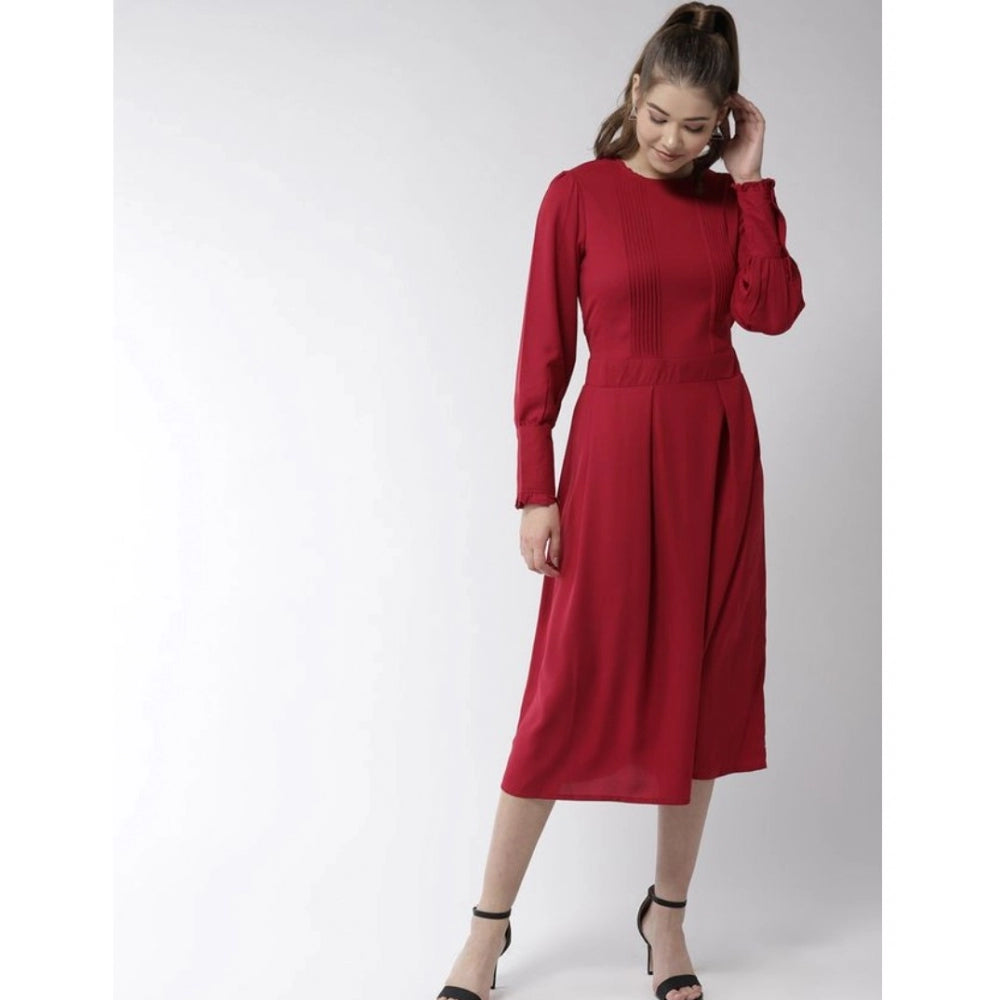 HD Women's Polyester Pintuck Long Sleeves Below Knee Dress (Red)