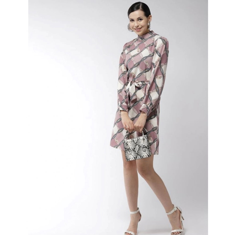 HD Women's Polyester Checkered Long Sleeves Above Knee Dress (Off White - Lavender)