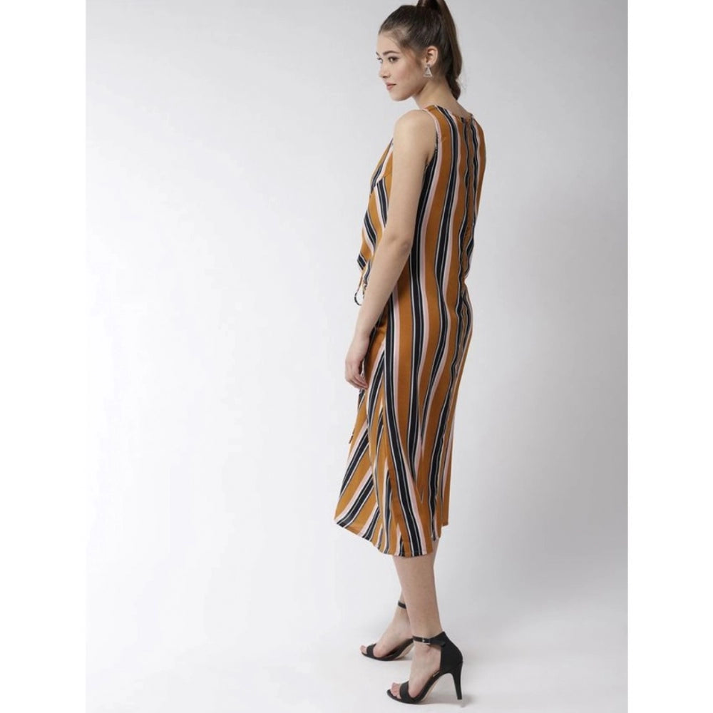 HD Women's Polyester Striped Sleeveless Below Knee Dress (Mustard)
