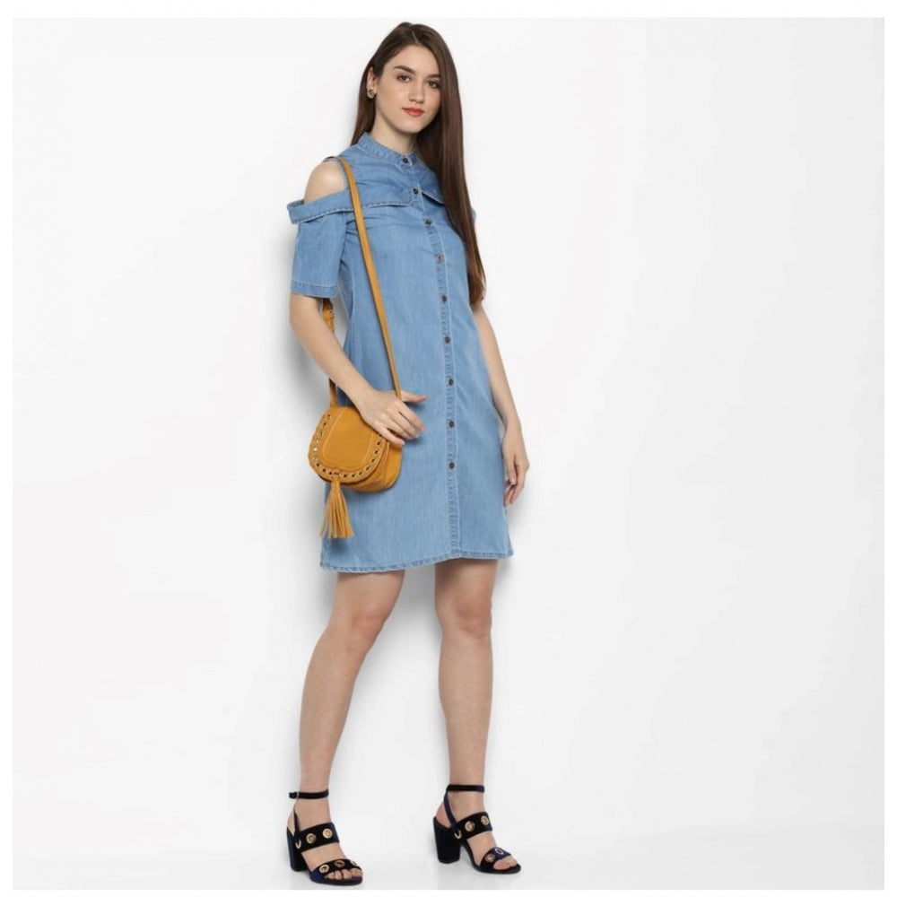 HD Women's Denim Solid Cold Shoulder Above Knee Dress (Blue)