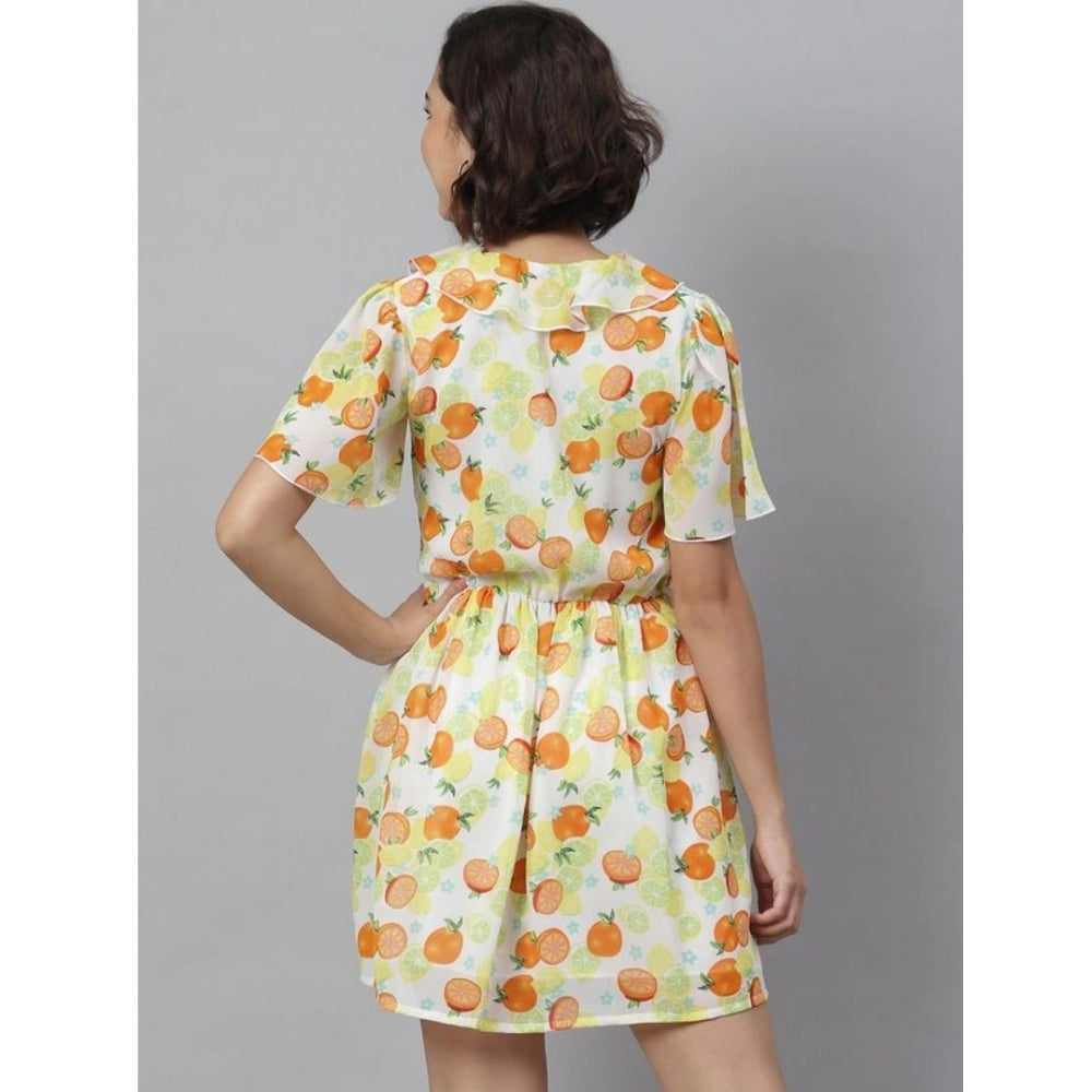 HD Women's Polyester Printed Flutter Above Knee Dress (Yellow - Orange)