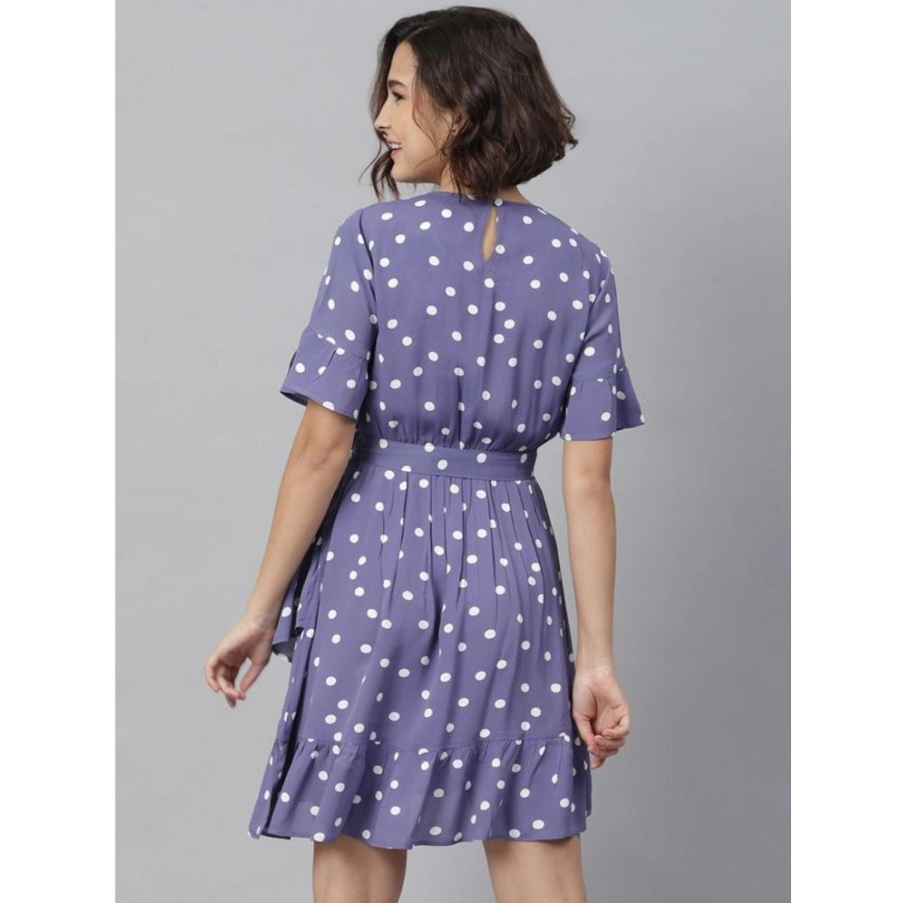 HD Women's Polyester Polka Bell Sleeve Above Knee Dress (Lavender)