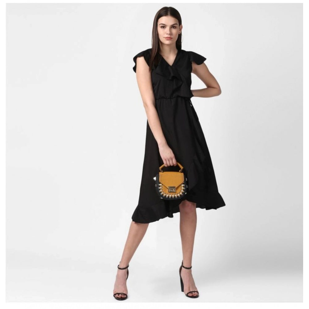 HD Women's Polyester Ruffled Cap Sleeve Knee-Length Dress (Black)