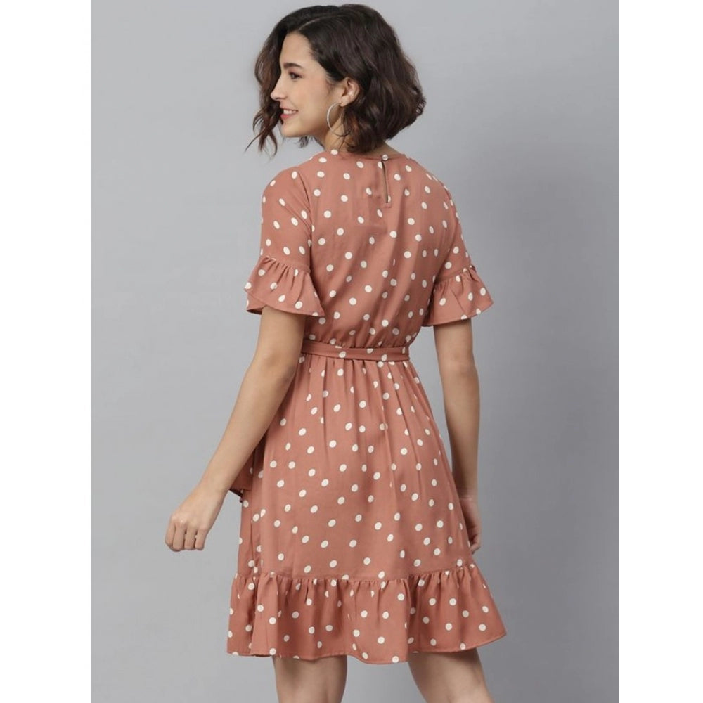 HD Women's Polyester Polka Bell Sleeve Above Knee Dress (Brown)