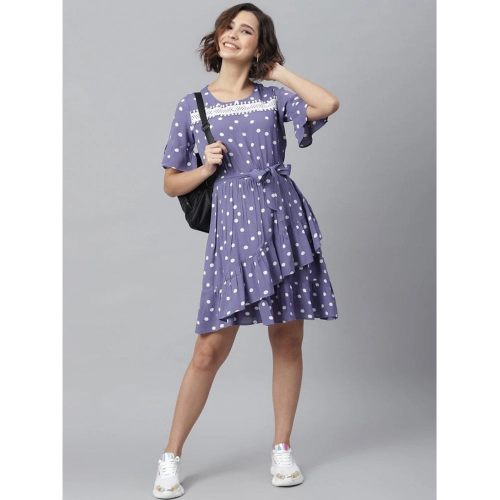 HD Women's Polyester Polka Bell Sleeve Above Knee Dress (Lavender)