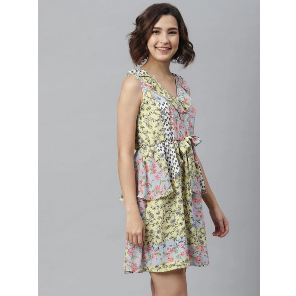 HD Women's Polyester Peplum Sleeveless Above Knee Dress (Multicolor)