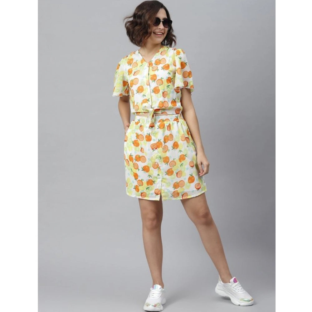 HD Women's Polyester Printed Flutter Above Knee Dress (Orange - Yellow)
