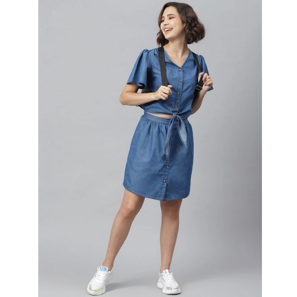 HD Women's Denim Solid Flutter Above Knee Dress (Blue)