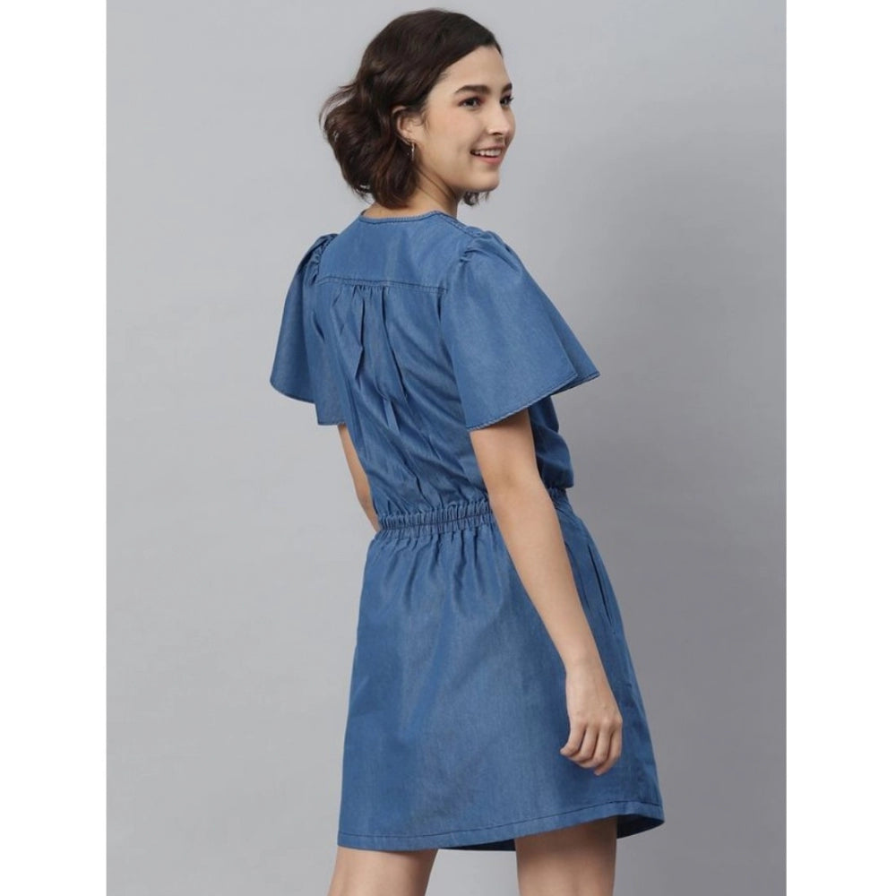 HD Women's Denim Solid Flutter Above Knee Dress (Blue)
