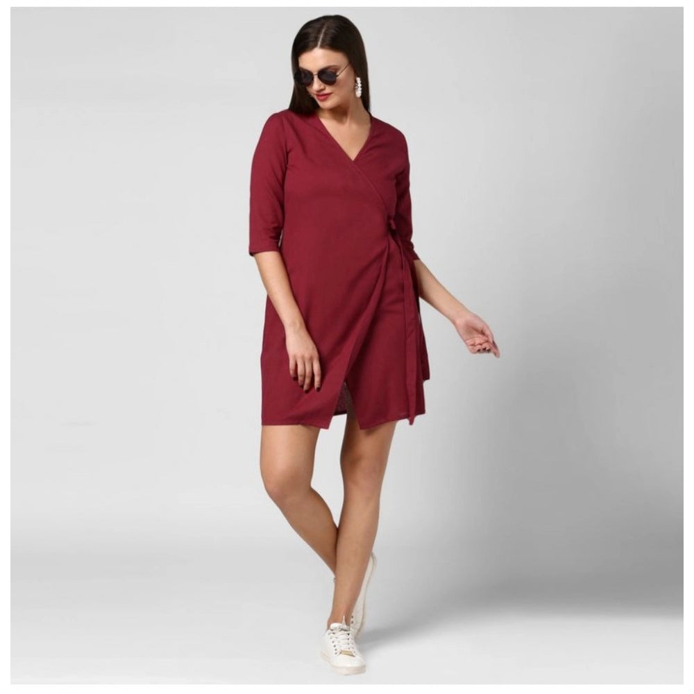 HD Women's Cotton Solid 3-4th Sleeves Above Knee Dress (Maroon)