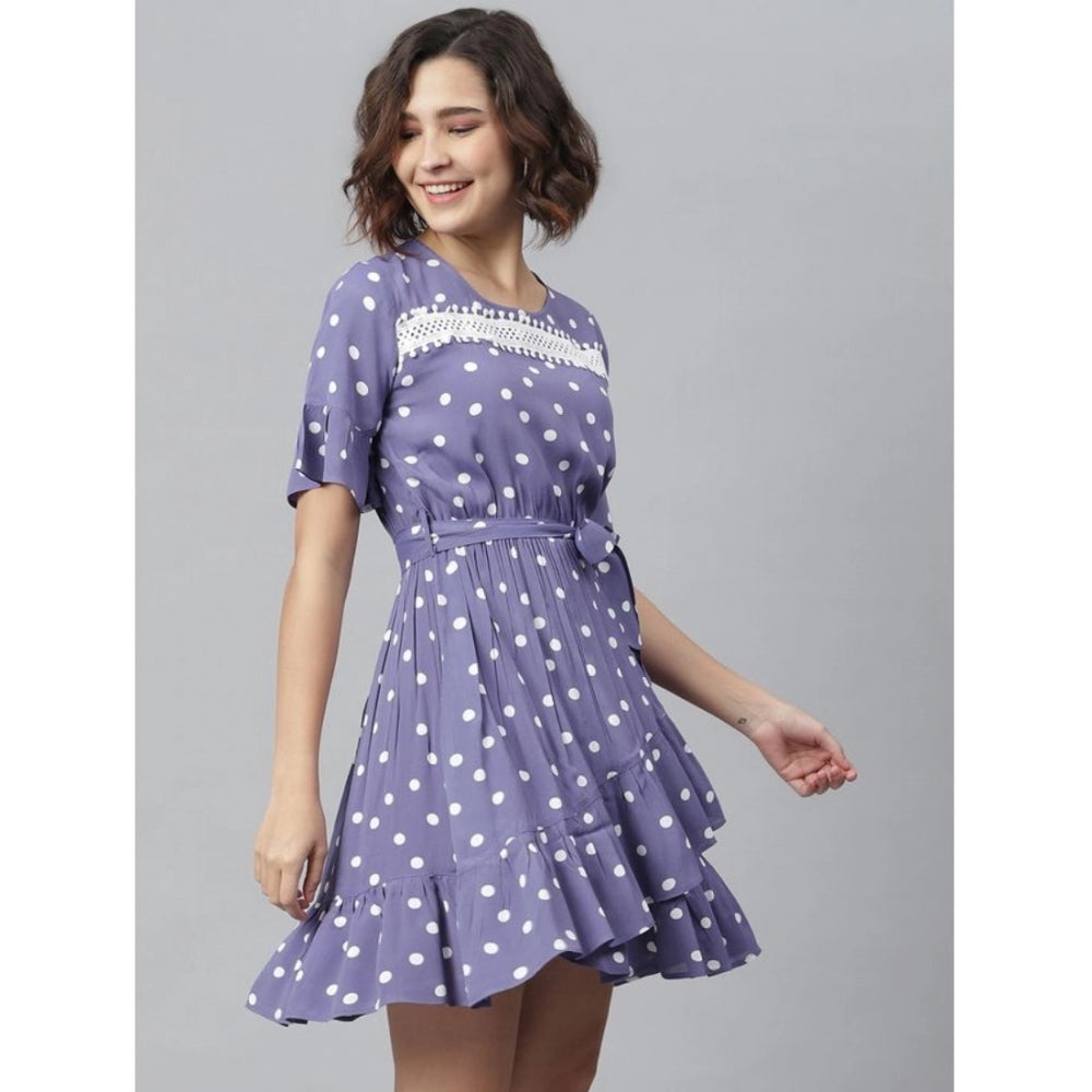 HD Women's Polyester Polka Bell Sleeve Above Knee Dress (Lavender)
